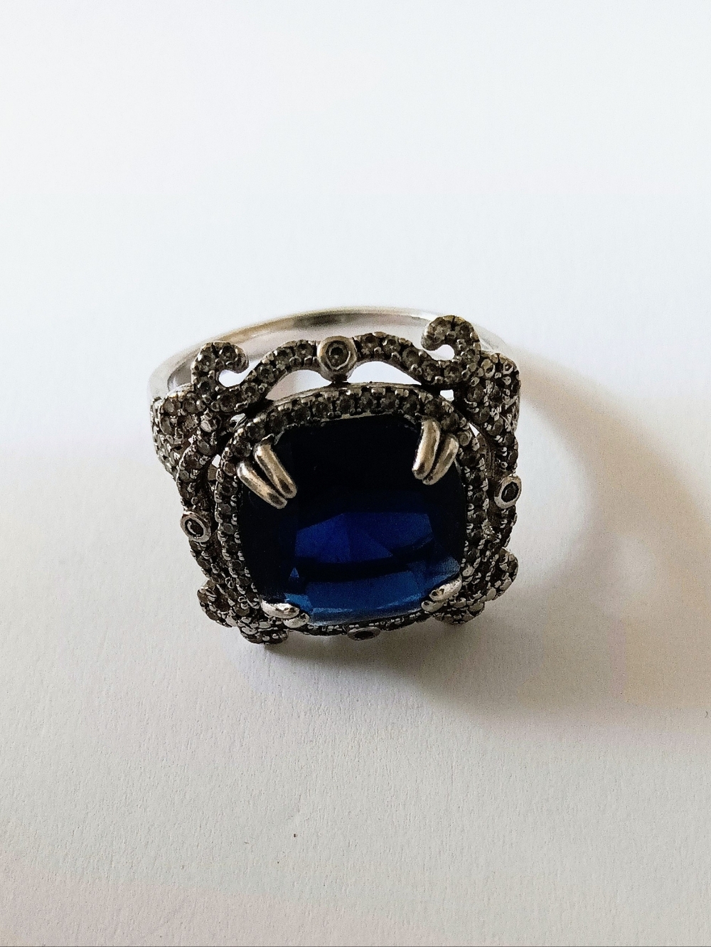 Sterling Silver 925 Ring Large Square Blue Sapphire Filigree Detail Size 9.5 - Picture 3 of 9